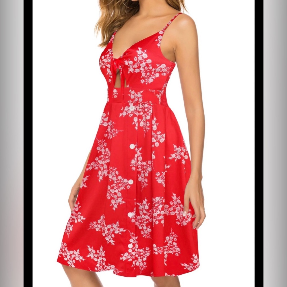 Fancyinn Women’s Front Tie A-Line Floral Red Midi Dress